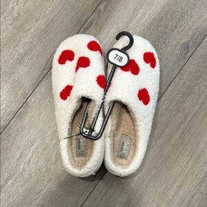 Cozy White Fuzzy Slippers with Red Heart Dots